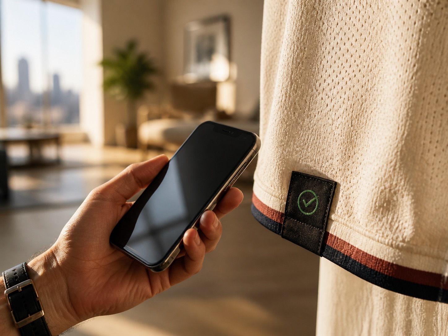 Collector tapping a phone near a woven NFC jersey tag